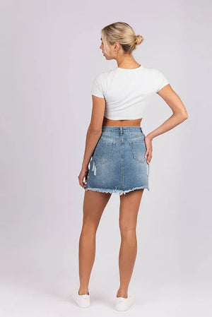 Denim Mini Skirt With Frayed Hem