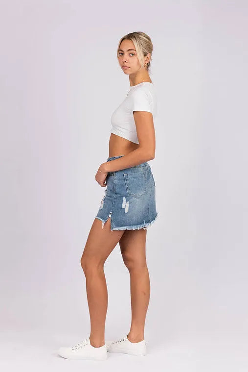 Denim Mini Skirt With Frayed Hem