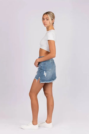 Denim Mini Skirt With Frayed Hem