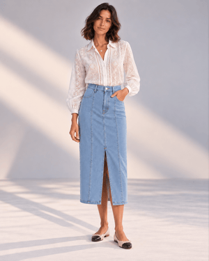 Stretch Denim Midi Skirt With Front Split