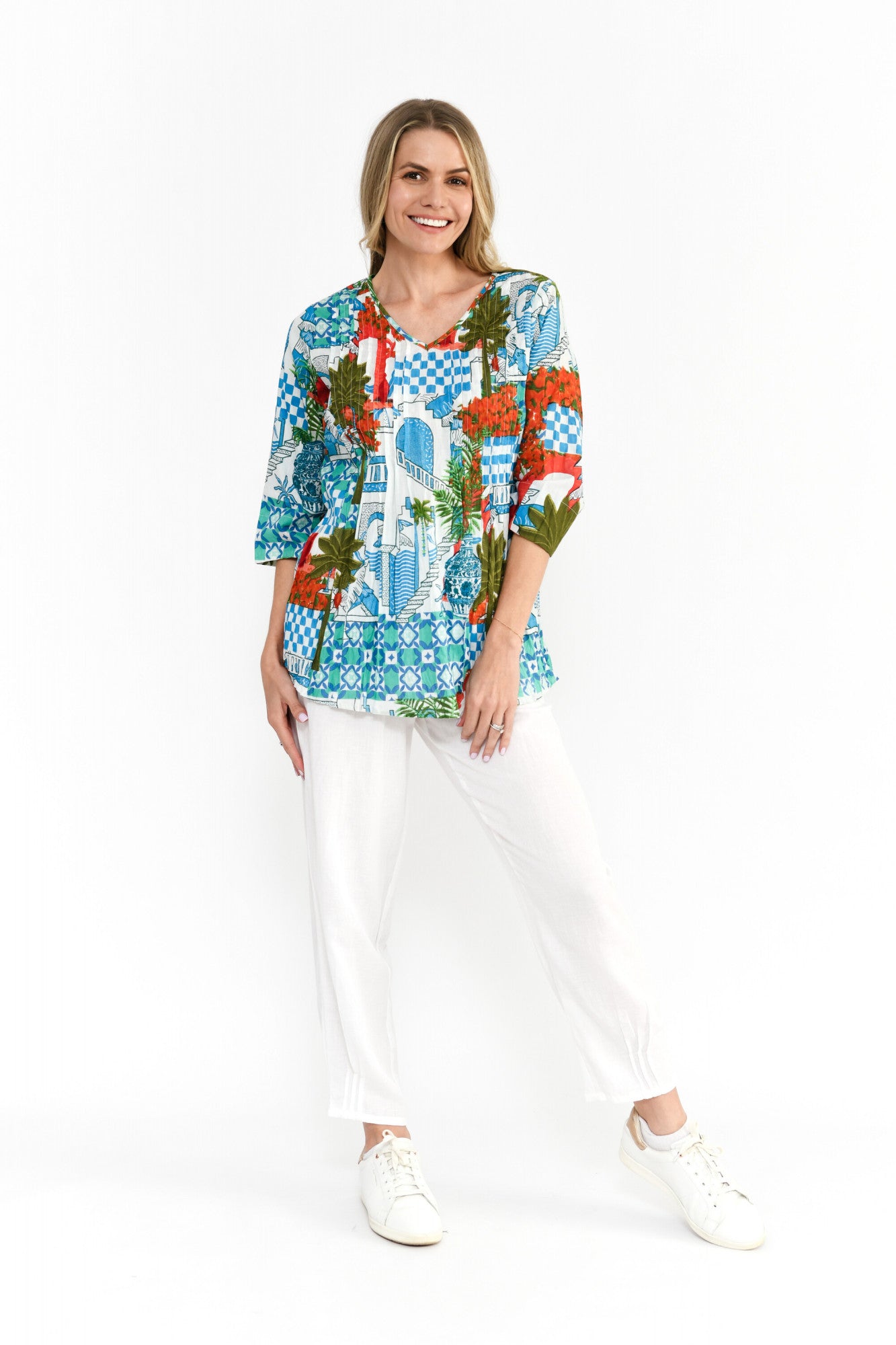 Tina V-Neck Pleated 3/4 Sleeve Top Greek Island