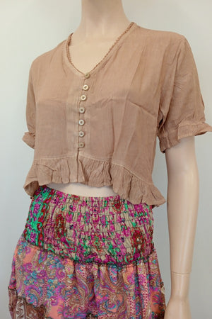 CREPE CROPPED FRILLED HEM TOP