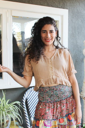 CREPE CROPPED FRILLED HEM TOP