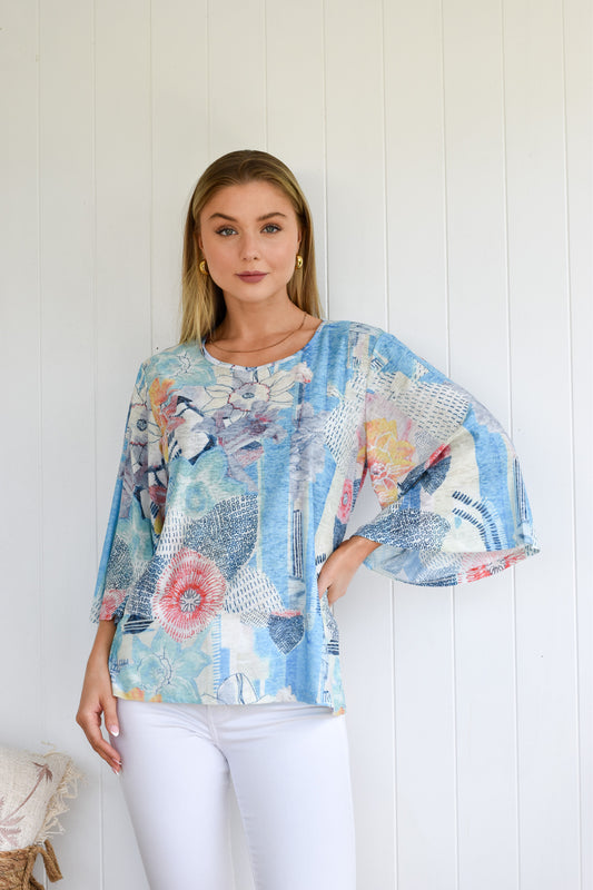 STRETCH FLORAL FLARED SLEEVE TOP