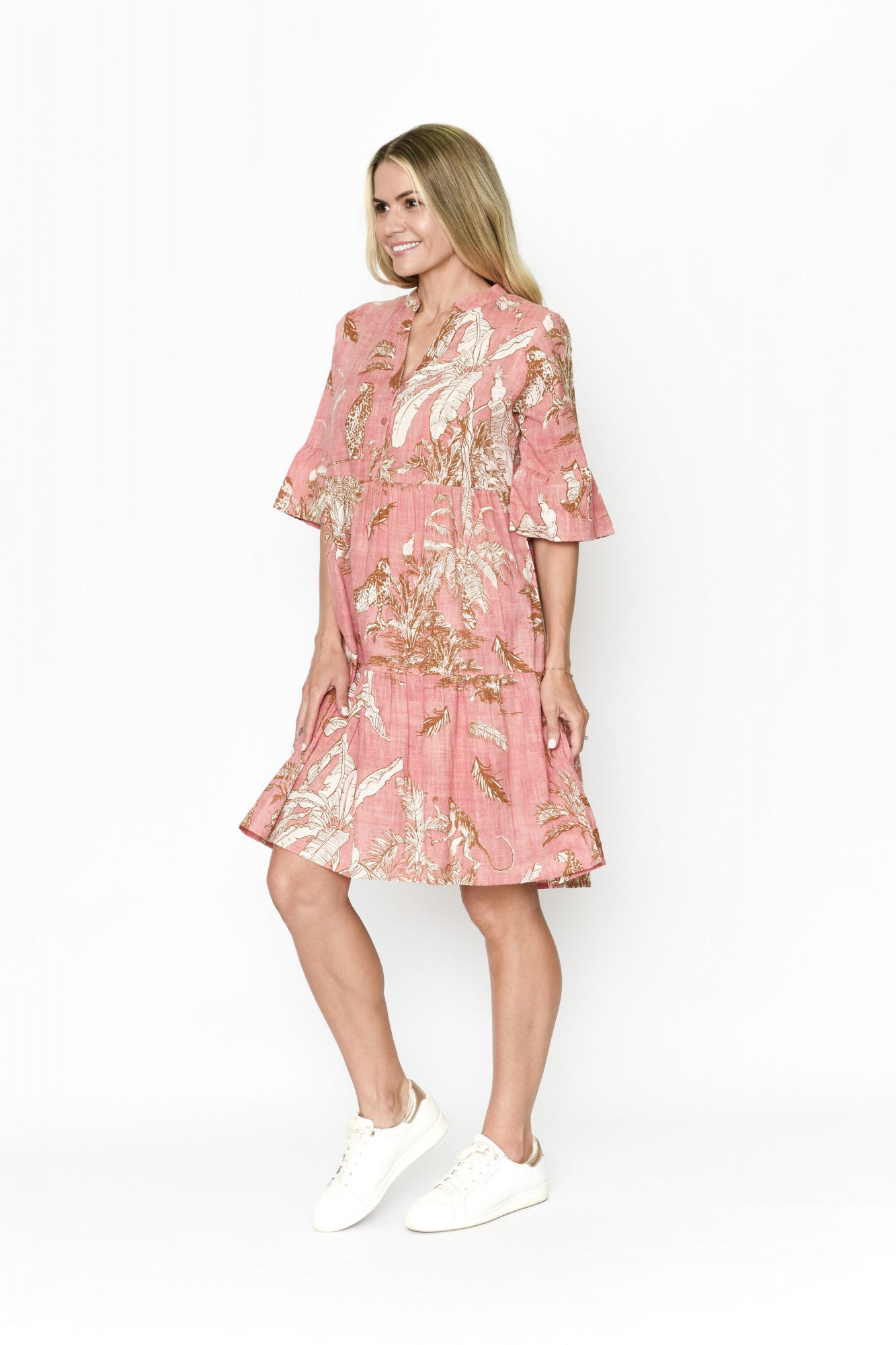 Maya Button V Neck Layer Dress - Animal Print