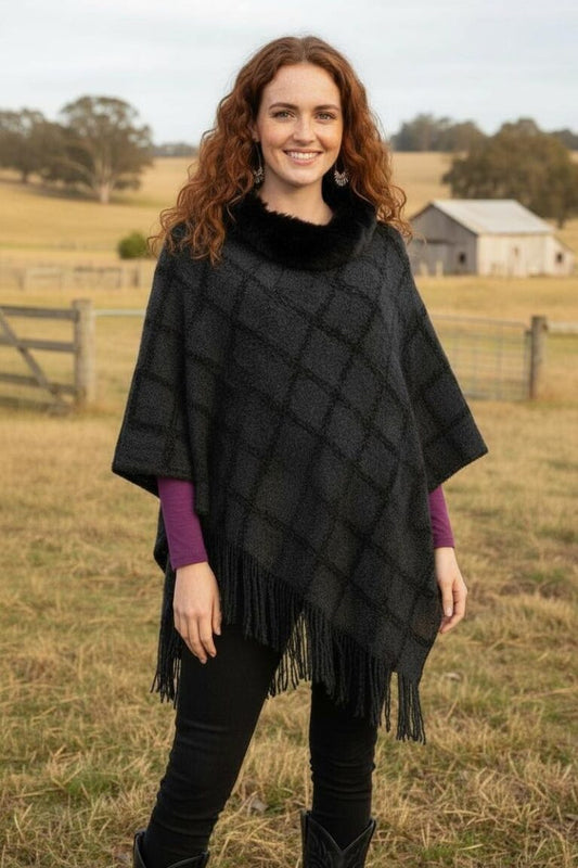 #Chenille Lattice Poncho With Fur