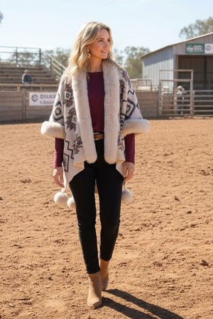 #Aztec Wrap Coat With Faux Fur
