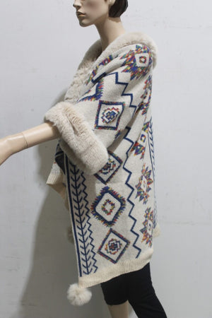 #Aztec Wrap Coat With Faux Fur