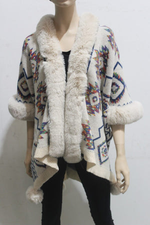 #Aztec Wrap Coat With Faux Fur