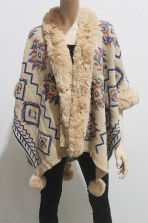 #Aztec Wrap Coat With Faux Fur