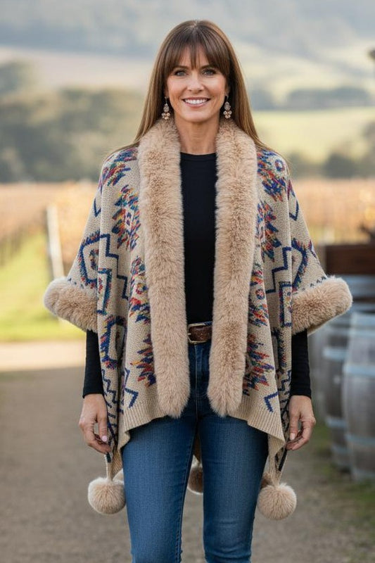 #Aztec Wrap Coat With Faux Fur