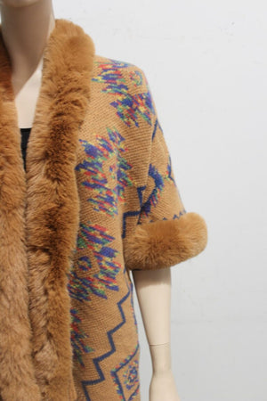 #Aztec Wrap Coat With Faux Fur