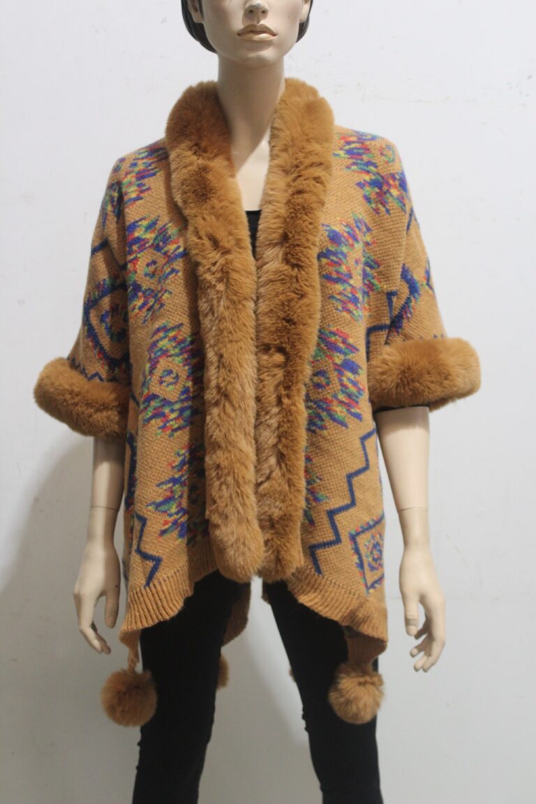 #Aztec Wrap Coat With Faux Fur