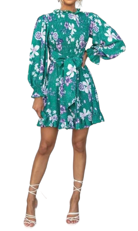 HIGH NECK SHIRRED MINI DRESS