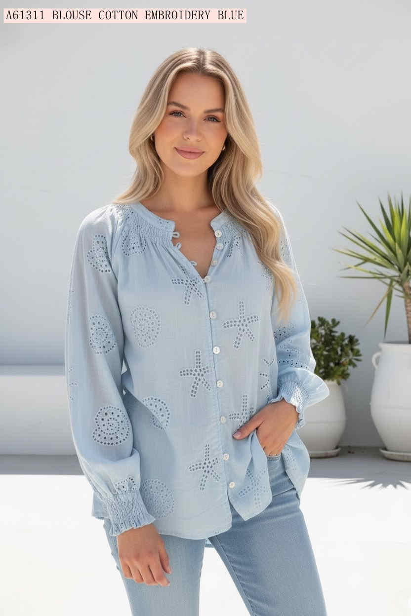 Seaside Cotton Embroidery Long Sleeve Blouse
