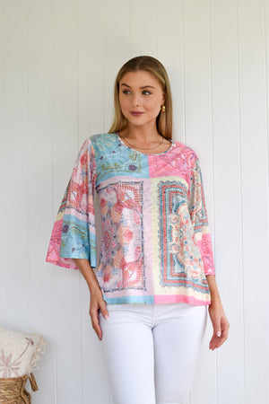 STRETCH FLORAL FLARED SLEEVE TOP