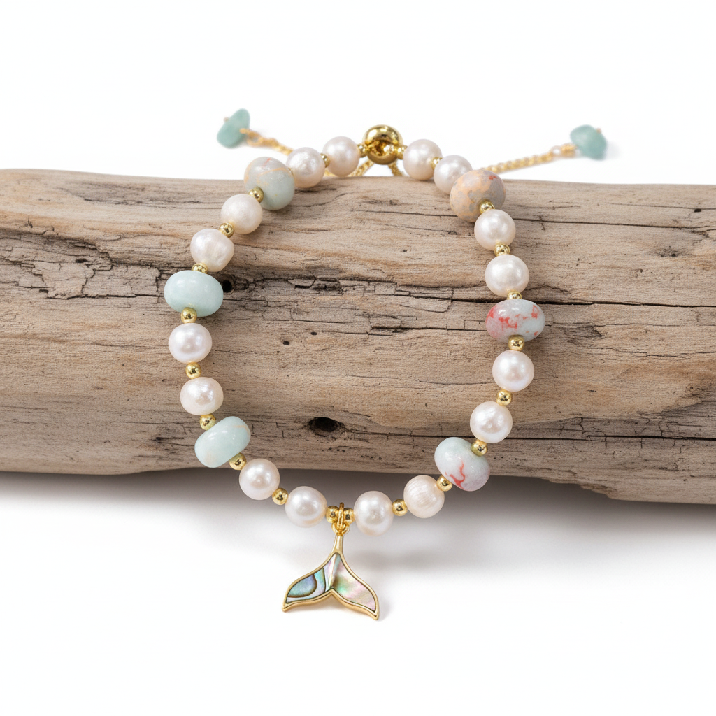 Bracelet Pearl Jasper With Paua Shell Whale Tail