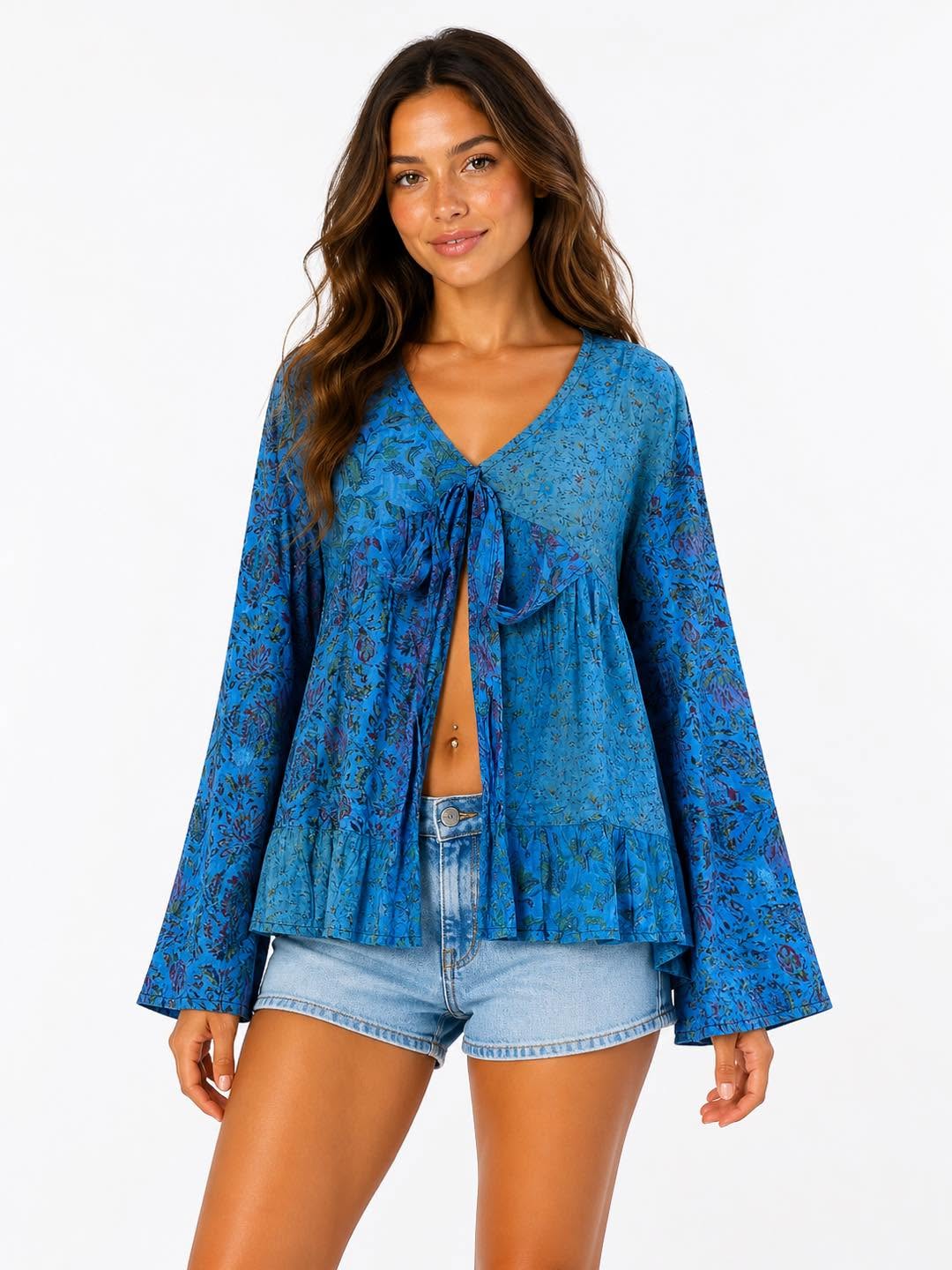 Cotton Flared Long Sleeve Top With Tie