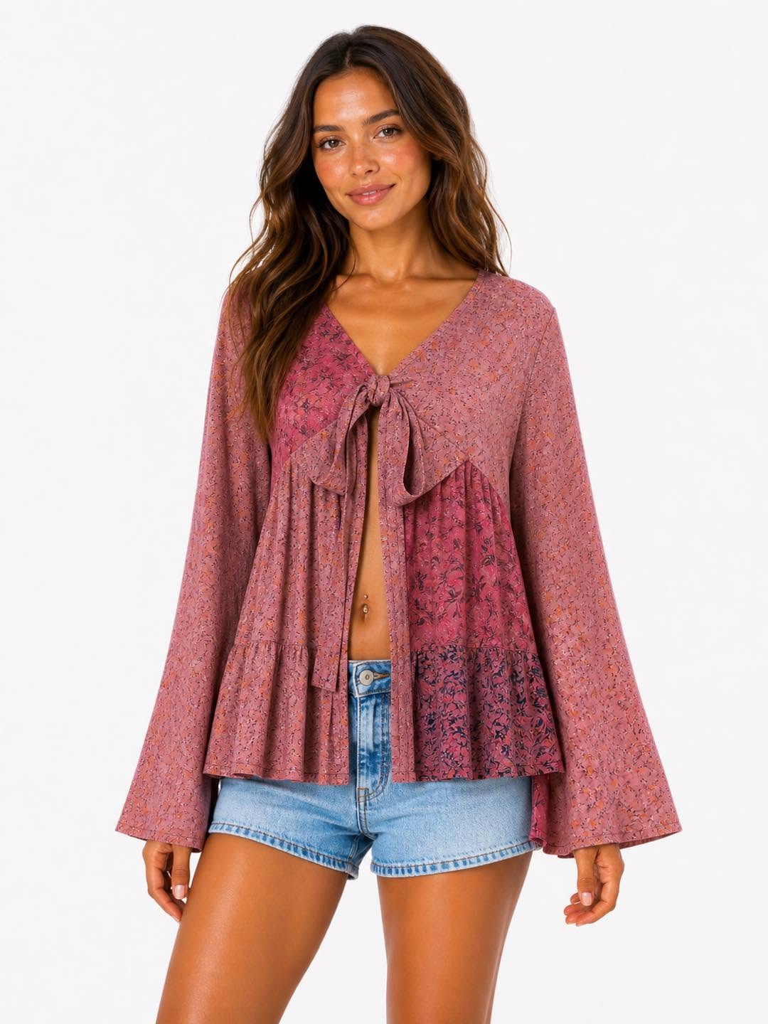 Cotton Flared Long Sleeve Top With Tie