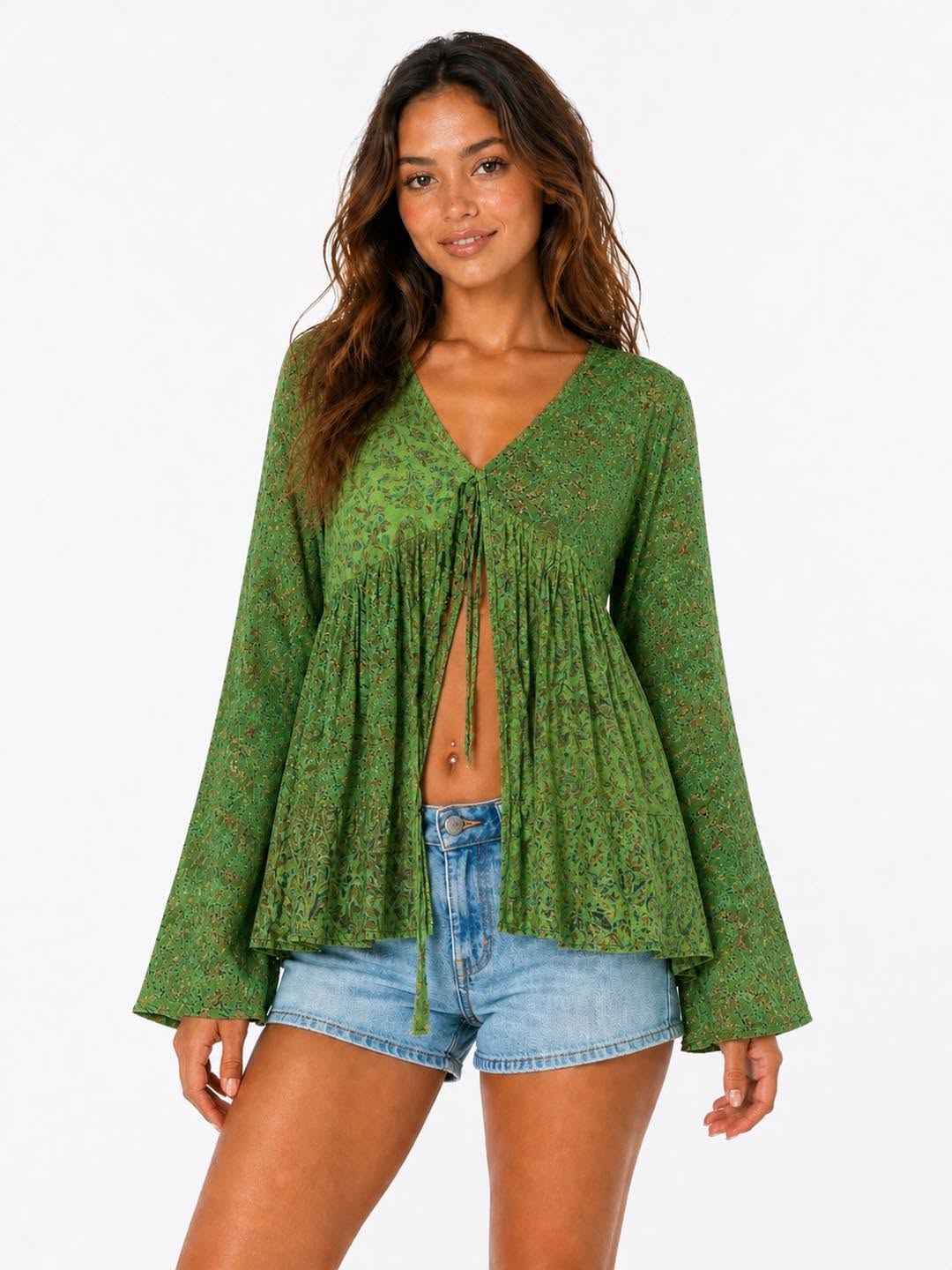 Cotton Flared Long Sleeve Top With Tie