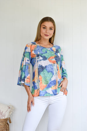 STRETCH FLORAL FLARED SLEEVE TOP