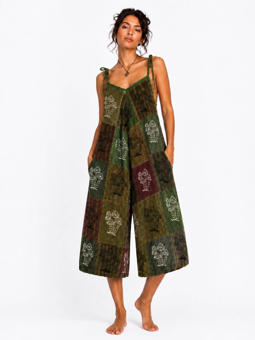 Cotton 3/4 Jumpsuit With Mushroom Patchwork