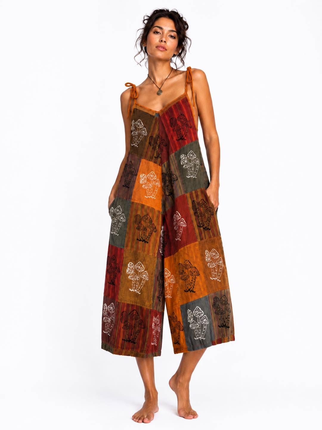 Cotton 3/4 Jumpsuit With Mushroom Patchwork