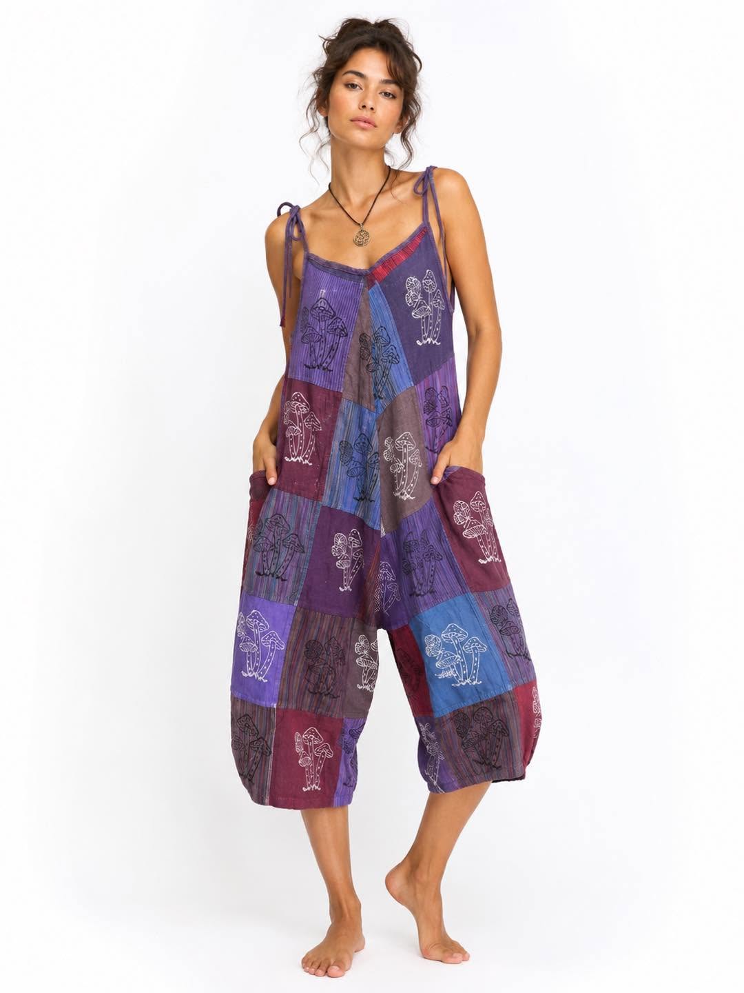 Cotton 3/4 Jumpsuit With Mushroom Patchwork