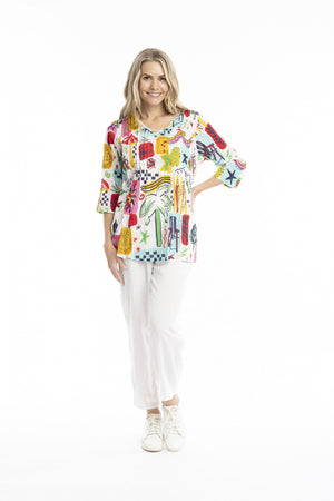 Tina V-neck Pleated Simple Blocks 3/4 Sleeve Top