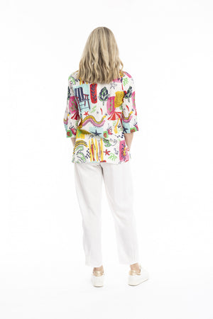 Tina V-neck Pleated Simple Blocks 3/4 Sleeve Top