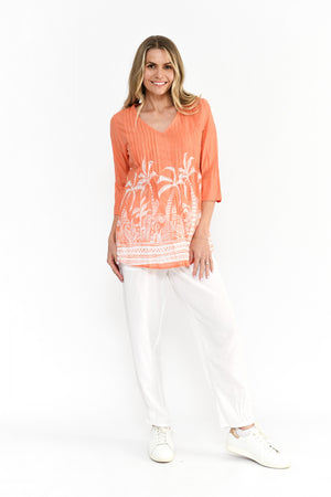 Tina V-Neck Pleated 3/4 Sleeve Top Mono Border