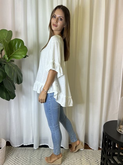 Button Up Back Aline Linen Top with Ric Rac Trim