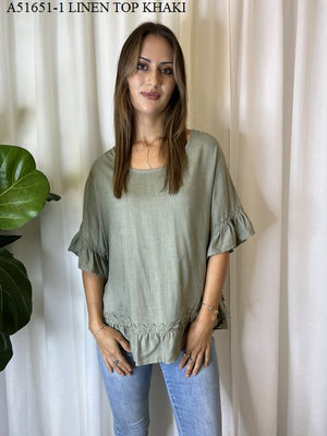 Button Up Back Aline Linen Top with Ric Rac Trim