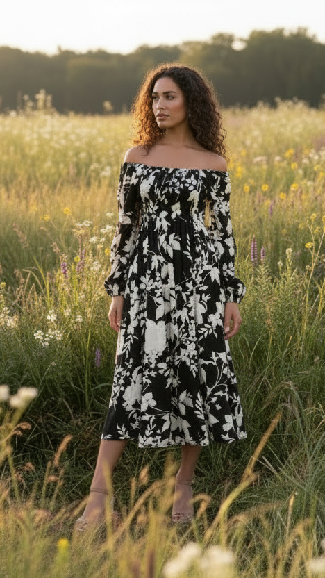 #Mia Shirred L/S Midi Dress