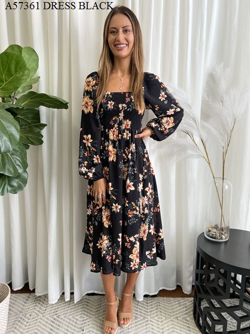 ELLE SHIRRED LONG SLEEVE MIDI DRESS