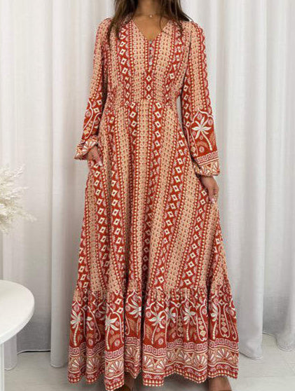 Tribal Rose Long Sleeve Shirred Waist Maxi Dress