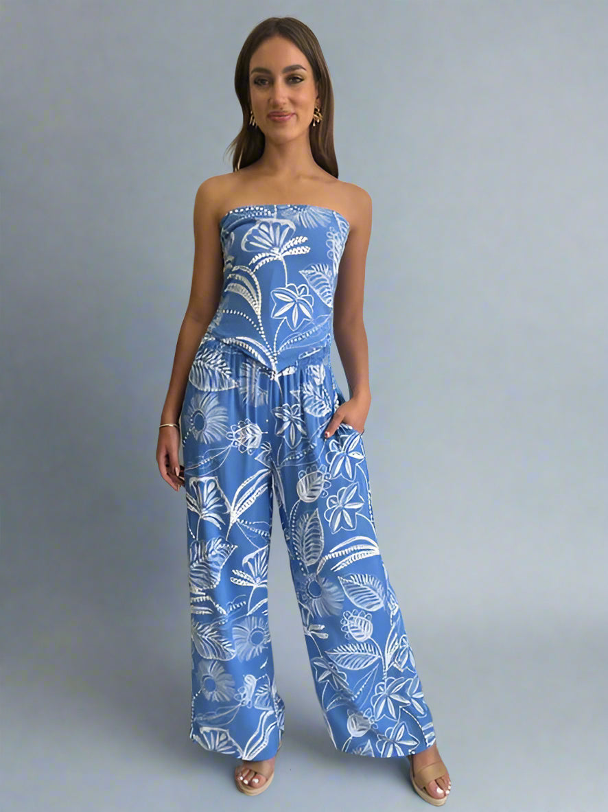 INDIAN PALM STRAPLESS TOP PANT SET