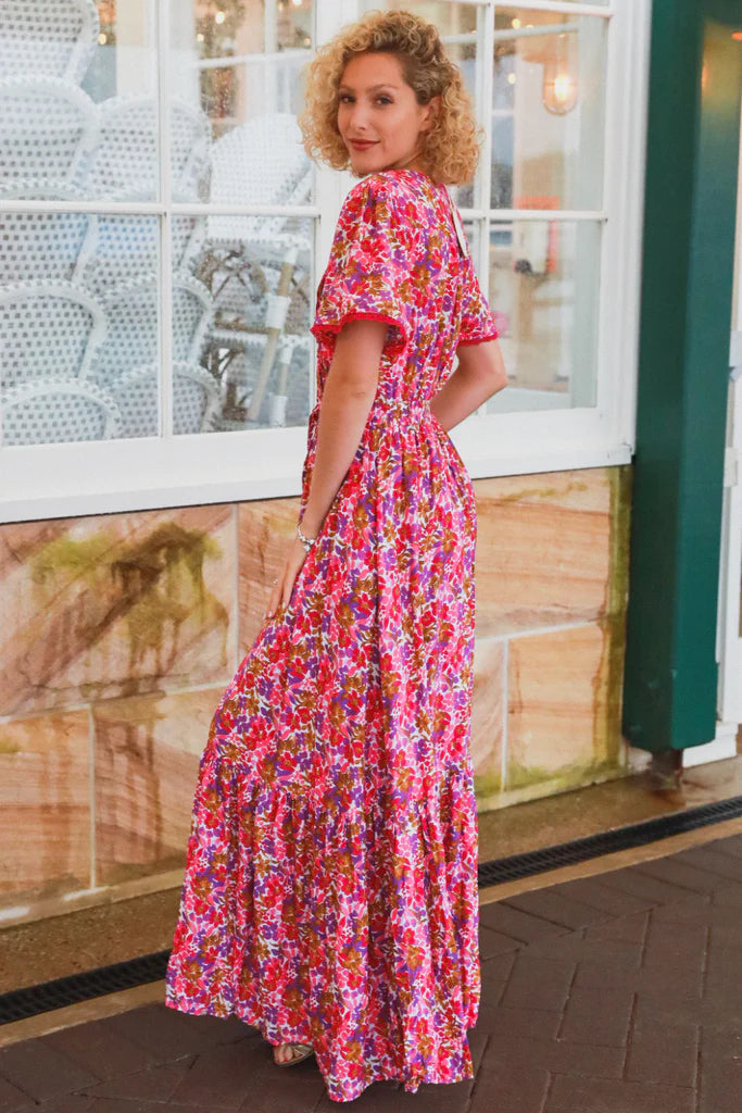 EMILY SHOR SLEEVES MAXI DRESS PLEATS AND LACE DETAIL