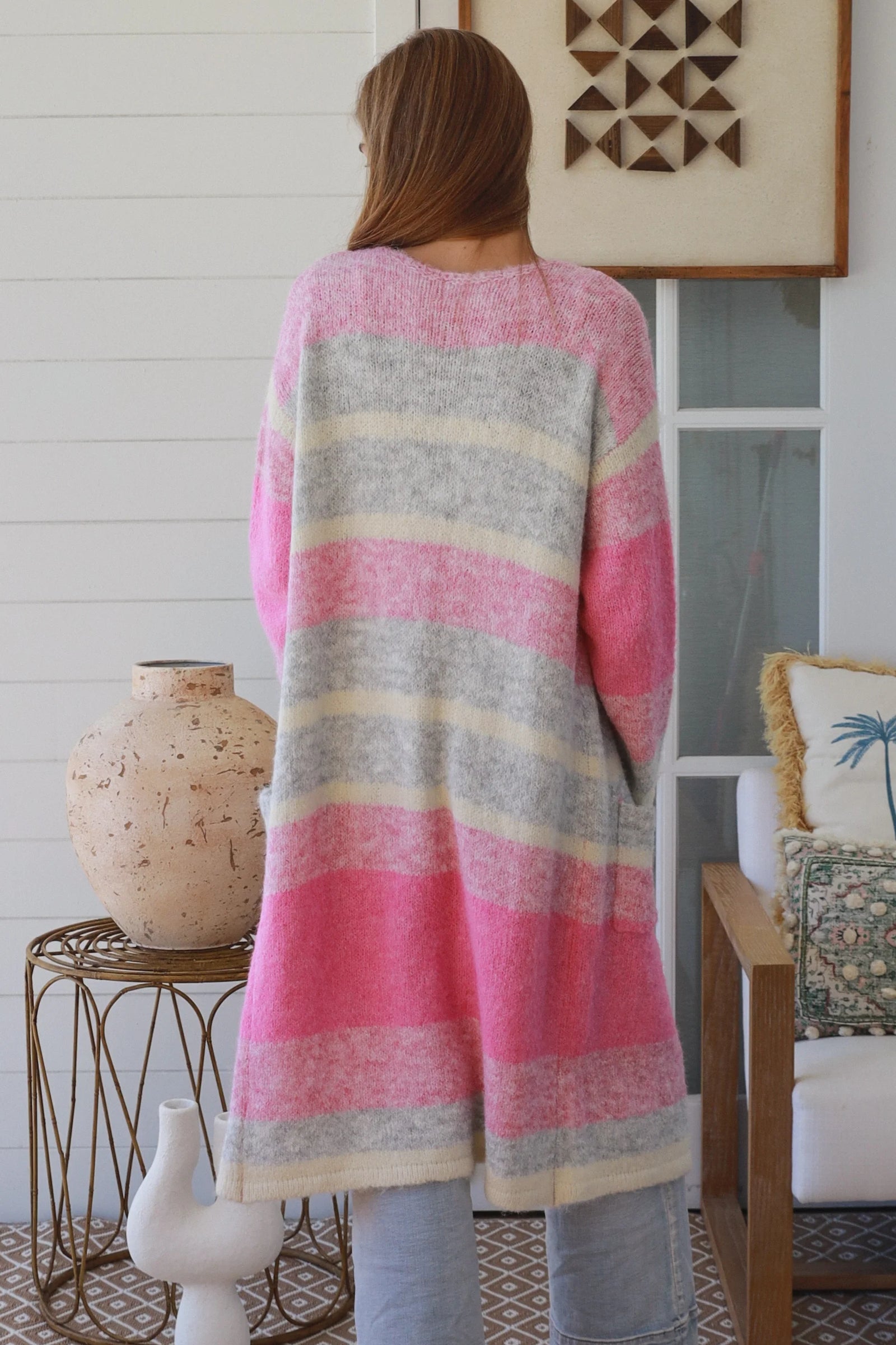 #Striped Knit Long Jacket