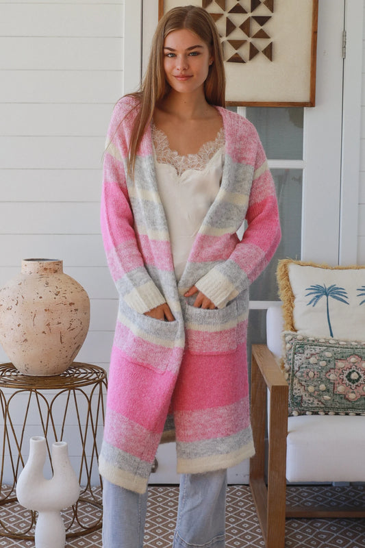 #Striped Knit Long Jacket
