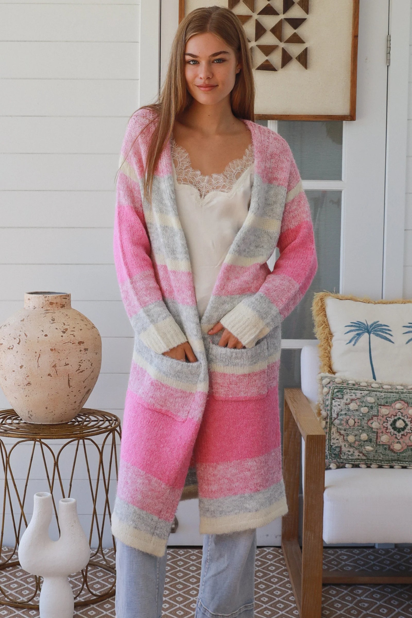 #Striped Knit Long Jacket