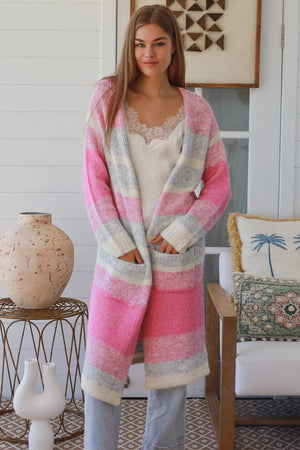 #Striped Knit Long Jacket