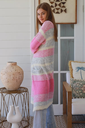 #Striped Knit Long Jacket