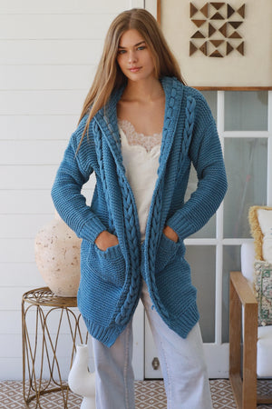 #Hooded Cable Long Knit Cardigan
