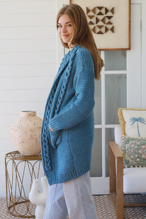 #Hooded Cable Long Knit Cardigan
