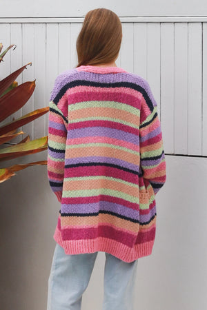 #Multi Striped Mid Length Cardigan With Pockets
