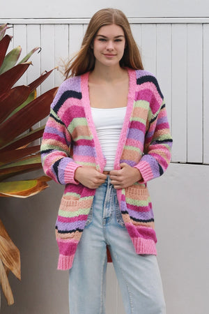 #Multi Striped Mid Length Cardigan With Pockets