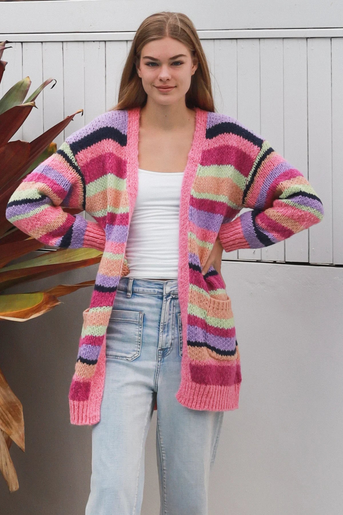 #Multi Striped Mid Length Cardigan With Pockets