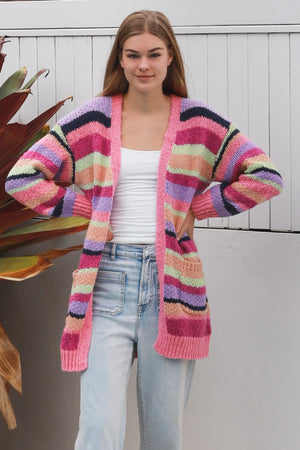 #Multi Striped Mid Length Cardigan With Pockets