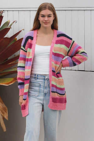 #Multi Striped Mid Length Cardigan With Pockets